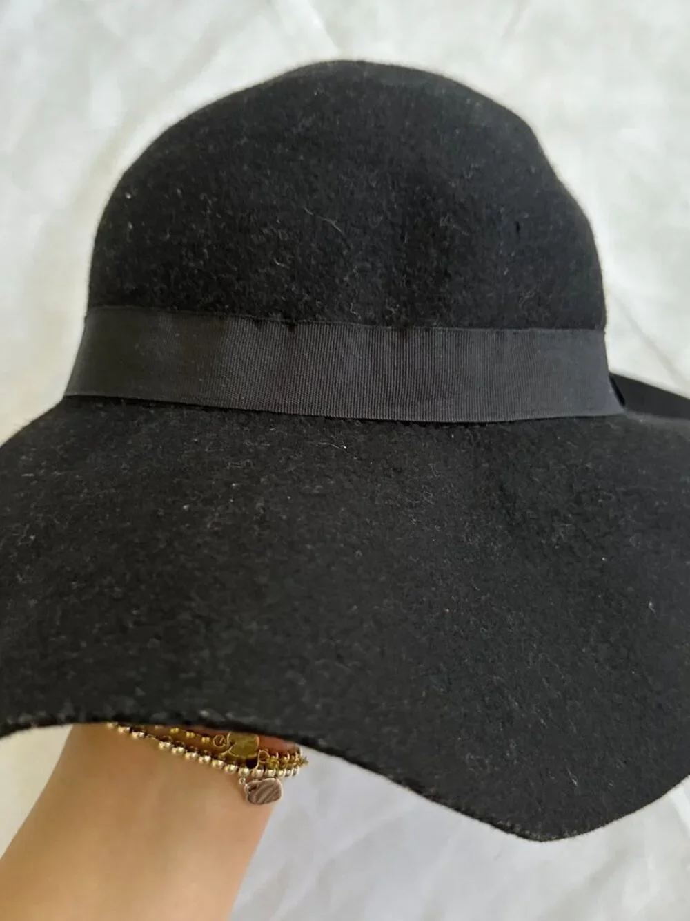Black Felt Wide Brim Floppy Hat Women's Classic Ribbon Fedora Boho
